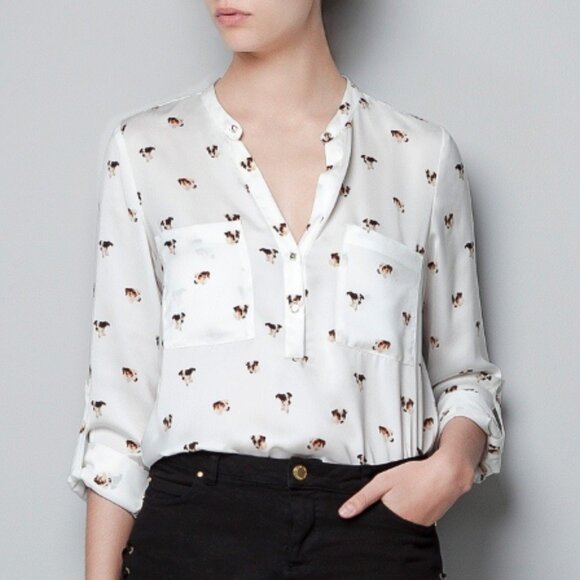 Zara Ivory Blouse Jack Russell Print - Size S - Picture 1 of 7